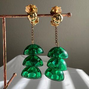 Vintage Emerald Green Lucite Disc Dangle Gold Tone Chandelier Costume Earrings
